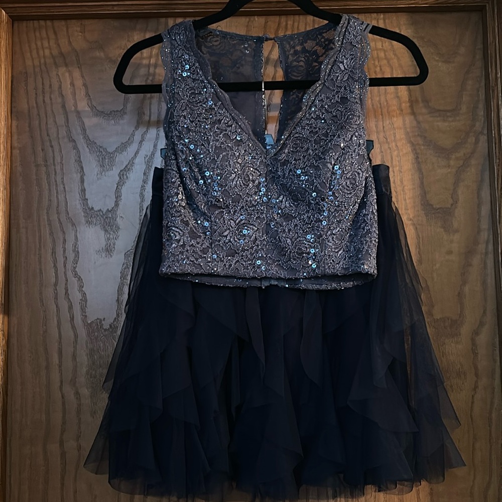 HOMECOMING SEASON! Teeze Me 2 piece,halter top slate blue, navy ruffled skirt